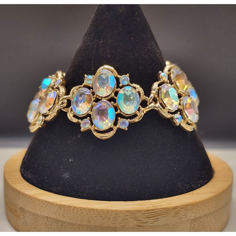 Vintage Coro Aurora Borealis AB Rhinestone Gold Tone Link Panel Bracelet 7.5in